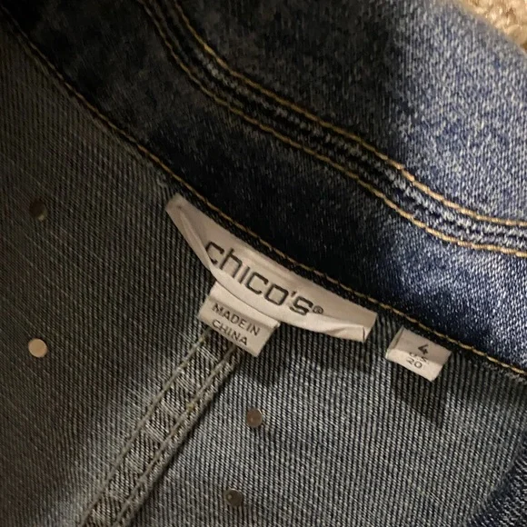 Chico's Pearl Look Studded Blue Jean Jacket - Picture 2 of 5